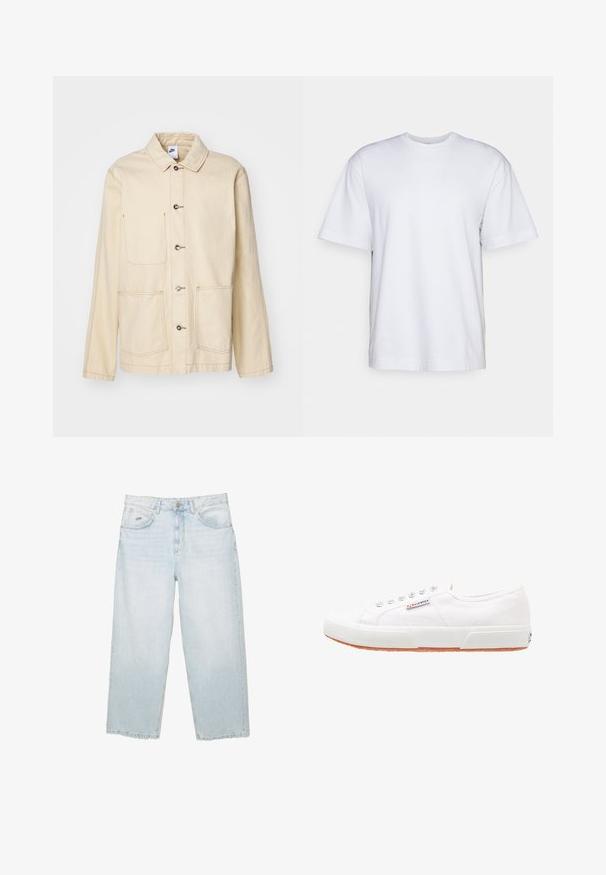 Beige jakke med knaplukning foran, to brystlommer og sidelommer, med kontrastsyning og krave.; Filippa K HEAVY CREW NECK TEE - T-shirts basic - white; Lysblå højtaljede straight-leg jeans med frontknap, lommer og lille mærket metalmærke på den højre forlommer.; Hvide kanvas sneakers med gummisål, snørebåndsdesign og et lille logo mærke på siden. Tekstureret hvid overdel og brun ydersål.