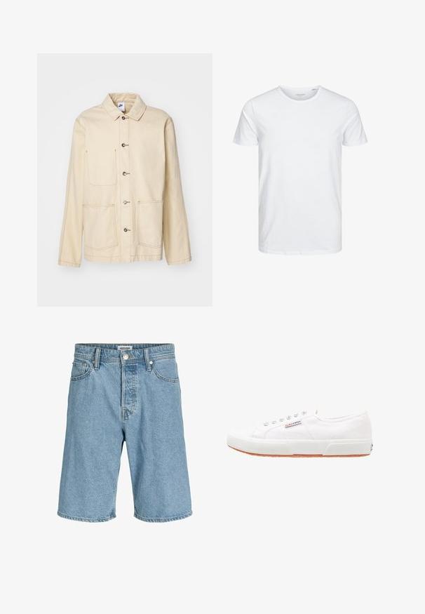 Veste beige avec un devant à boutons, deux poches poitrine et des poches latérales, avec des coutures contrastantes et un col.; T-shirt à col rond à manches courtes de couleur blanche unie, fabriqué en coton doux, avec un design simple sans motifs ni accents visibles.; Shorts en denim bleu clair avec bouton et fermeture éclair à l'avant, passants pour ceinture, et poches avant et arrière.; Baskets en toile blanches avec une semelle en caoutchouc, design à lacets et une petite étiquette logo sur le côté. Tige blanche texturée et semelle extérieure marron.