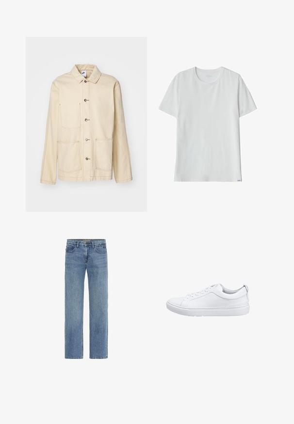 Beige jakke med knaplukning foran, to brystlommer og sidelommer, med kontrastsyning og krave.; Frank Dandy Bamboo Tee - T-shirts basic - white; Lyseblå denimjeans med lige ben, der har klassisk fem-lommede design og synlige syninger. Ingen udsmykninger.; Hvide lædersneakers med en glat overflade, rund tå, flad gummisål og diskret logo på siden. Snørebåndene går gennem seks øjer.