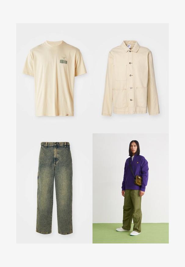 Beige Jacket mit durchgehender Knopfleiste, zwei Brusttaschen und Seitentaschen, mit kontrastierenden Nähten und einem Kragen.; Cremefarbenes Baumwoll-T-Shirt mit rundem Ausschnitt, kurzen Ärmeln und einem grafischen Druck auf der linken Brust, der einen Vintage-Fernseher darstellt.; Baggy-Jeans aus Denim in einer verblassten Blauen und Grünen Waschung. Mit Knopfverschluss, Gürtelschlaufen und Seitentaschen. Flaches Vorderteil und gerades Bein-Design.; Jordan AIR JORDAN 1 ZM CMFT 2 - Sneaker high - summit white/bicoastal/oxidized green