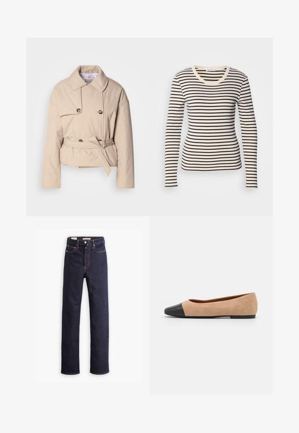 Scotch & Soda LIGHTWEIGHT PADDED - Overgangsjakke - plaza taupe; Langærmet stribet t-shirt med vandrette sorte og cremefarvede striber, rund halsudskæring og en tætsiddende pasform. Blødt bomuldsstof.; Mørkeblå straight-leg denim jeans med fem lommer og synlig orange syning på hvid baggrund.; Beige ruskind balletflade med en sort læder rund tåkap, lav hæl og glat tekstur, der har minimal syning og et enkelt design.