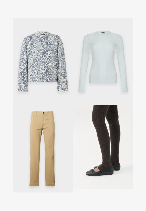 Blauwe en witte jas met paisleypatroon, met een ronde hals, lange mouwen en twee voorzakken met klepsluitingen.; Lichtblauwe geribbelde, nauwsluitende trui met lange mouwen en een ronde hals, afgebeeld tegen een effen witte achtergrond.; Khaki chinos van katoen, met een rechte pijp, twee voorkanten zakken, een enkele knoopsluiting en riemlussen, met een gladde textuur.; Benen met donkere geribbelde leggings gecombineerd met zwarte ballerina's met kleine strikdetails op een witte achtergrond.