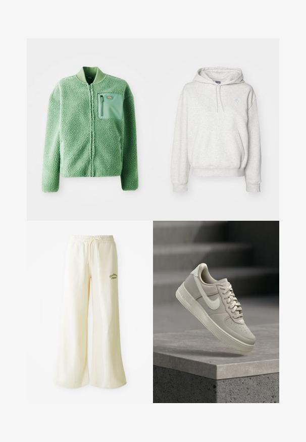 Grøn fleecejakke med en tekstureret overflade, der har en lynlåslomme på brystet og en ribbet krave. Lynlås lukning foran, lange ærmer.; New Balance SPORT ESSENTIALS HOODIE - Hættetrøje - ash heather; Cremefarvede sweatpants med vide ben, elastisk talje og justerbar snor. Broderet grønt "Athletic" tekst foran. Blødt materiale.; Beige Nike Air Force 1-sneaker svævende over en betonrækværk med slørede grå trapper i baggrunden.