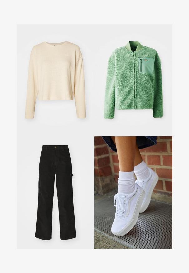 Grøn fleecejakke med en tekstureret overflade, der har en lynlåslomme på brystet og en ribbet krave. Lynlås lukning foran, lange ærmer.; Cremefarvet cropped sweater med lange ærmer, lavet af tekstureret stof. Har et lille, diskret logo på brystet og en rund halsudskæring.; Sorte kordfløjsbukser med et lige ben-design, der har en knaplukning og sidelommer. Glat tekstur med fine lodrette striber.; Hvide lærreds sneakers med gummisåler, der har seks snørehuller, rund tå og let sømdetaljer, krydret med hvide ankelstrømper.