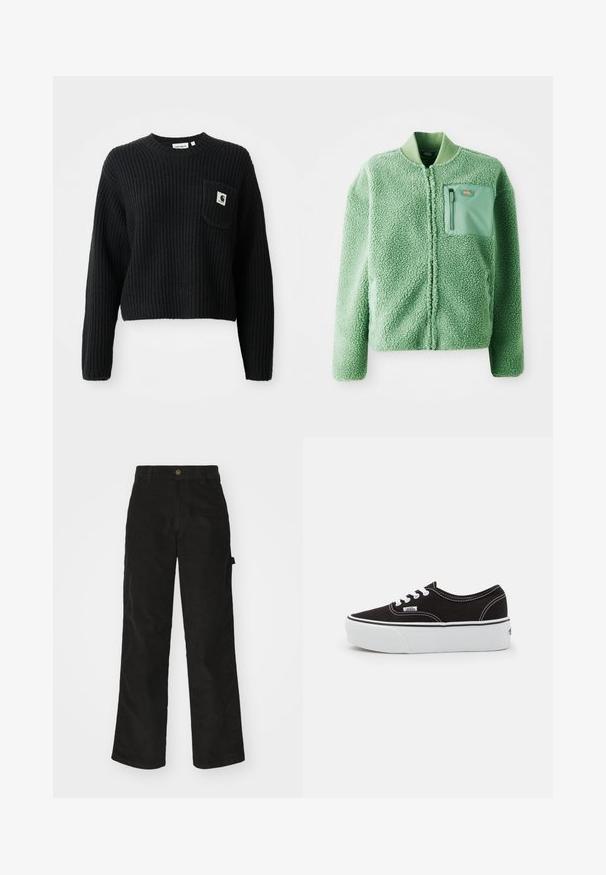 Grøn fleecejakke med en tekstureret overflade, der har en lynlåslomme på brystet og en ribbet krave. Lynlås lukning foran, lange ærmer.; Sort ribbenstrikket sweater med rund hals, lange ærmer og en frontlomme med et lille logo patch. Forkortet længde.; Sorte kordfløjsbukser med et lige ben-design, der har en knaplukning og sidelommer. Glat tekstur med fine lodrette striber.; Sort lærred sneakers med en hvid gummi platform sål, der har hvide snørebånd og syninger, ikonisk branding på siden, lav-top design.