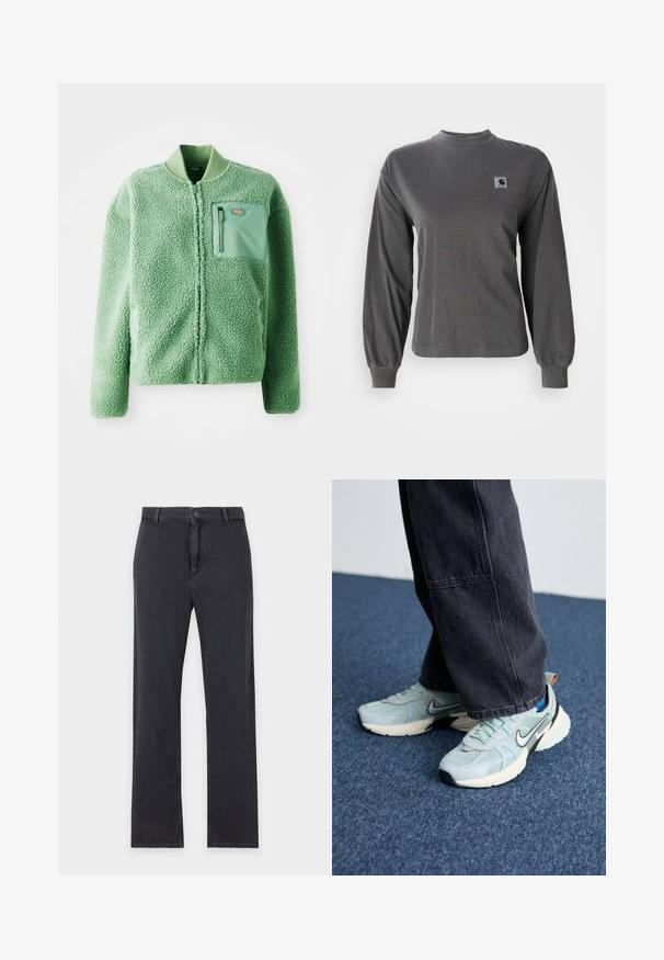 Grøn fleecejakke med en tekstureret overflade, der har en lynlåslomme på brystet og en ribbet krave. Lynlås lukning foran, lange ærmer.; Langærmet grå t-shirt lavet af bomuld, med rund halsudskæring og elastiske manchetter, samt et lille firkantet logo på brystet.; Straight-leg sorte jeans med forreste knap- og lynlåslukning, bæltestropper og klassisk fem-lommer design, lagt fladt på hvid baggrund.; Lyseblå mesh Nike sneakers med struktureret finish, sort swoosh og cremefarvet mellemsål, parret med mørkegrå vide bukser.