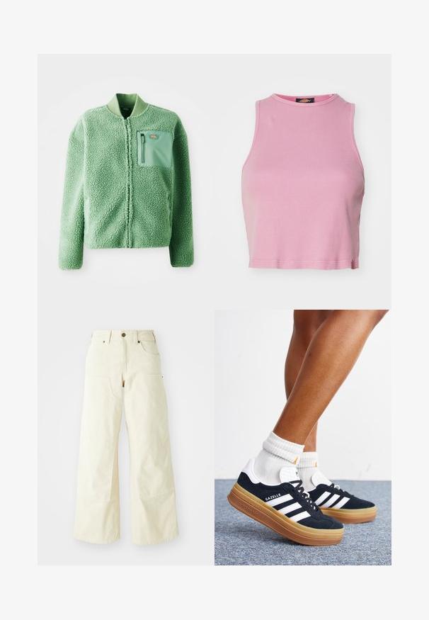 Grøn fleecejakke med en tekstureret overflade, der har en lynlåslomme på brystet og en ribbet krave. Lynlås lukning foran, lange ærmer.; Rosa ribbet crop top med rund halsudskæring og ærmeløs design. Har en kant, der slutter lige over taljen.; Beige brede bukser i bomuld med høj talje, store forlommer og en glat overflade med minimal syning.; Ben iført hvide sokker og sorte Adidas Gazelle sneakers med hvide striber og tykke brune såler på et gråt tæppe.