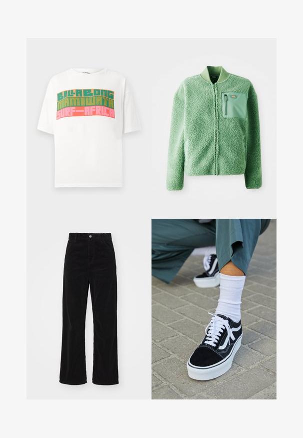 Vihreä fleece-takki, jossa on teksturoitu pinta, ja siinä on vetoketjullinen rintatasku sekä ribbikuvioitu kaulus. Edessä vetoketjusuljenta, pitkät hihat.; Valkoinen lyhythihainen t-paita, jossa on retro-tyylinen tekstipainatus "BILLABONG MAMIWATA SURF AFRICA" oranssina, vihreänä ja vaaleanpunaisena.; Mustat corduroypöksyt leveillä lahkeilla ja korkealla vyötäröllä, joissa on edessä nappi- ja vetoketjukiinnitys sekä pystysuora röyhelötekstuuri koko matkalla.; Mustat mokkakengät valkoisilla yksityiskohdilla ja nauhoilla, joissa on paksu valkoinen pohja ja kontrastivärinen ommel, yhdistettynä valkoiseen sukkaan.