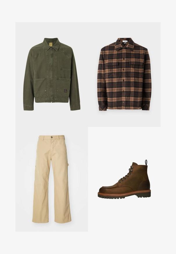 Olivgrüne Baumwolljacke mit Reißverschluss, langen Ärmeln, zwei Fronttaschen und einem Etikett an der linken Tasche.; Braun- und schwarzkariertes Flanellhemd mit Knopfleiste, zwei Brusttaschen und einem Kragen. Weiche Textur und lockere Passform.; Beigeweite Cargo-Hosen mit Knopfverschluss, ausgestattet mit Seitentaschen, aus strapazierfähigem Baumwollstoff, mit glatter Textur und geradem Schnitt.; Braune Leder-Stiefeletten mit runder Zehenform, metallenen Ösen und einer robusten Gummisohle. Enthält eine Zuglasche für ein einfaches An- und Ausziehen.