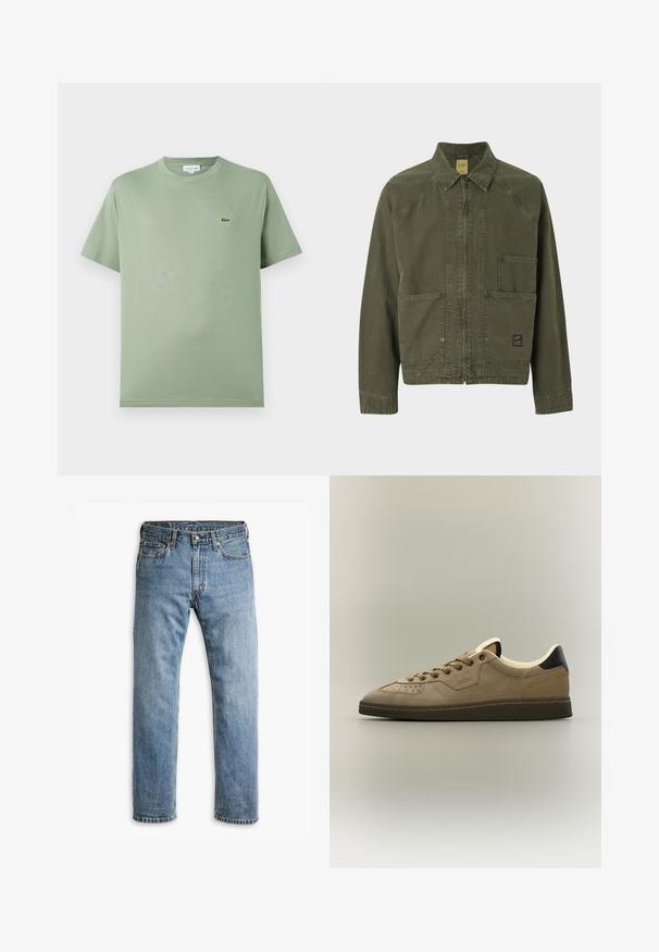 Olivgrüne Baumwolljacke mit Reißverschluss, langen Ärmeln, zwei Fronttaschen und einem Etikett an der linken Tasche.; Hellgrünes Baumwoll-T-Shirt mit Rundhalsausschnitt, kurzen Ärmeln und einem kleinen Logo auf der linken Brust. Glatte Textur, normale Passform.; Blaue gerade geschnittene Jeans aus Denim mit fünf Taschen, Gürtelschlaufen und Metallknopfverschluss vor einem weißen Hintergrund.; Beiger Wildleder-Sneaker mit niedrigem Schnitt, dunkelbrauner Sohle, perforierter Spitze, Schnürung vorne und schwarzer Fersenschlaufe.