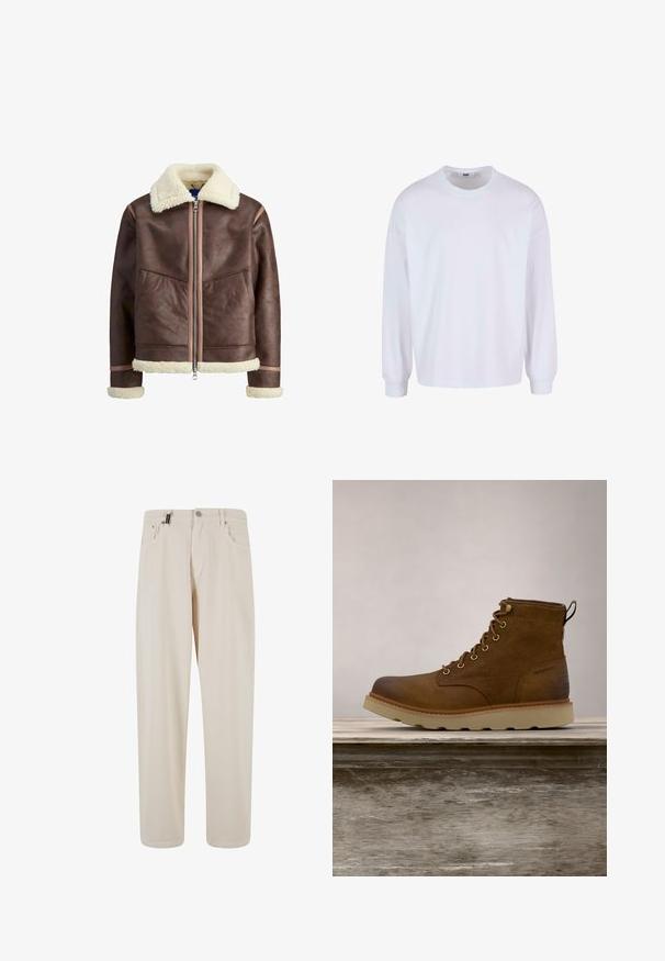 Veste en cuir marron avec un col, des poignets et un ourlet en shearling crème, présentant une fermeture éclair à l'avant et deux poches avant obliques.; T-shirt blanc à manches longues avec col rond, coupe décontractée et poignets élastiques. Fabriqué en coton doux et lisse.; Pantalons en coton beige au design droit, avec poches avant et fermeture à bouton. Texture lisse avec un minimum de détails.; Botte cheville imperméable marron en cuir texturé, dotée d'œillets dorés, d'un bout rond et d'une semelle en caoutchouc texturé légère.