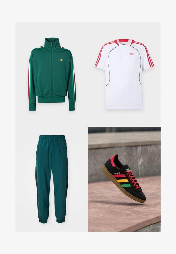 Roheline tõmblukuga jakk kõrge kraega, tekstureeritud kangas, elastsed varrukasääred ja vertikaalsed triibud varrukatel punase, valge ja rohelisega. Kullast logo rinnal.; Valge lühikeste varrukatega spordisärk punaste triipudega õlgadel ja varrukatel, musta ääristusega ees ning punase Adidas trefoiliga rinnal.; Türkis värvi spordipüksid, millel on nööriga vöökoht, elastsed mansetid ja mustad triibud külgedel. Valmistatud kergest kangast, logoga puusade lähedal.; Must Adidas Spezial tossud punaste, kollaste ja roheliste triipude, punaste paelte, kummist tallaga ja punase kontsaga detailiga, kujutatud õhus tänava kohal hõljuvana.