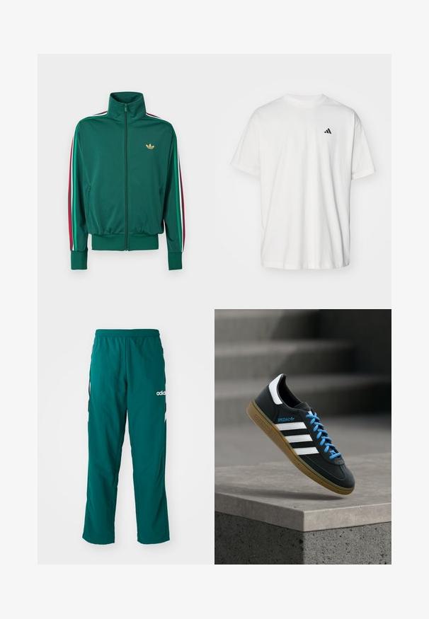 Groene jas met ritssluiting en hoge kraag, textuurrijk materiaal, elastische manchetten en verticale strepen in rood, wit en groen op de mouwen. Gouden logo op de borst.; Witte katoenen t-shirt met korte mouwen, ronde hals en een klein zwart Adidas-logo op de linkerzijde van de borst. Zachte textuur, casual pasvorm.; Groene sportbroek gemaakt van lichtgewicht stof, met een elastische tailleband, zijzakken en een wit Adidas-logo aan de linkerzijde.; Zwarte Adidas-sneaker met witte strepen, blauwe veters en een gumzool die boven een grijze betonnen trede zweeft in zacht licht.
