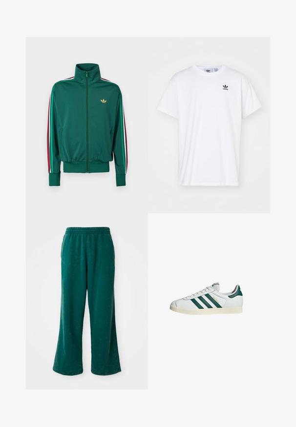 Chaqueta verde con cremallera, cuello alto, tejido texturizado, puños elásticos y franjas verticales en rojo, blanco y verde en las mangas. Logo dorado en el pecho.; Camiseta blanca de algodón con mangas cortas, escote redondo y un logo negro de Adidas con tres franjas en la zona del lado izquierdo del pecho.; Pantalones de chándal verdes de pierna ancha con una textura suave, que cuentan con una cinturilla elástica y bolsillos laterales. Tejido duradero con un corte relajado.; Deportiva blanca con diseño de tres rayas verdes, suela de goma texturizada, punta redonda y lengüeta perforada. Presenta la marca "Gazelle" en dorado.