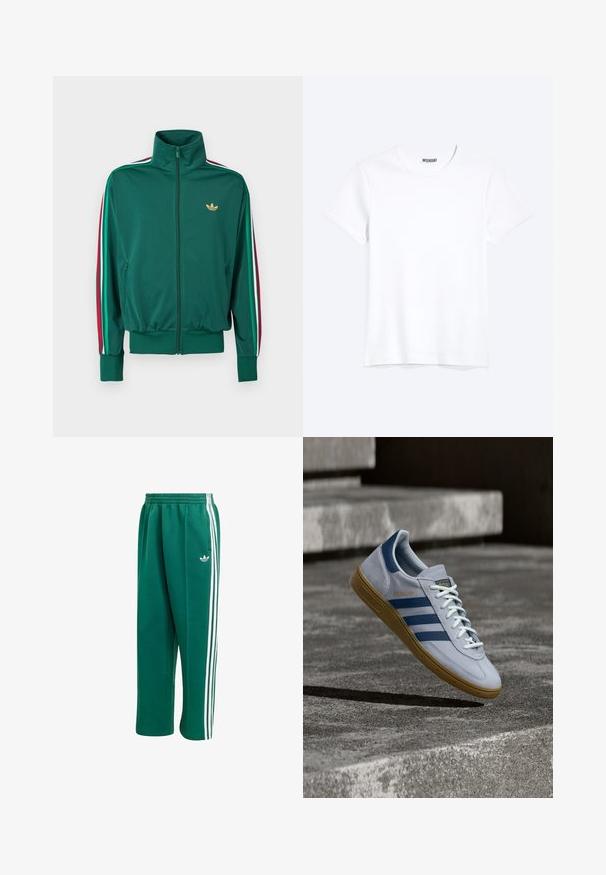 Grøn lynlåsjakke med høj krave, tekstureret stof, elastiske manchetter og lodrette striber i rød, hvid og grøn på ærmerne. Guldlogo på brystet.; Enkelt hvid T-shirt med korte ærmer og rund hals med synligt WEEKDAY-mærke i kraven, vist på en lys baggrund.; Grønne sweatpants lavet af bomuldsblanding, med hvide sidelægger og et lille hvidt logo på det øverste venstre ben. Elastisk talje.; Lyseblå Adidas Spezial sneakers med marineblå striber og gummisål, vist i luften over betontrapper i et neutralt udendørsmiljø.
