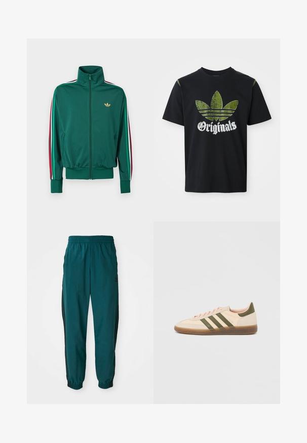 Zelená bunda na zips s vysokým golierom, textúrovaná látka, elastické manžety a zvislé pruhy v červenej, bielej a zelenej farbe na rukávoch. Zlato logo na hrudi.; Čierne bavlnené tričko s roztrhnutým zeleným grafickým dizajnom so tromi pruhmi a slovom "Originals" pod ním v bielej farbe, okrúhly výstrih, krátke rukávy.; Tyrkysové športové nohavice s viazaním v páse, elastickými manžetami a bočnými čiernymi pruhmi. Vyrobené z ľahkej tkaniny, s logom blízko bedra.; Nízky béžový tenisky Adidas Spezial so zelenými pruhmi, gumovou podrážkou a nápisom „SPEZIAL“ na boku, zobrazené z vonkajšej strany.