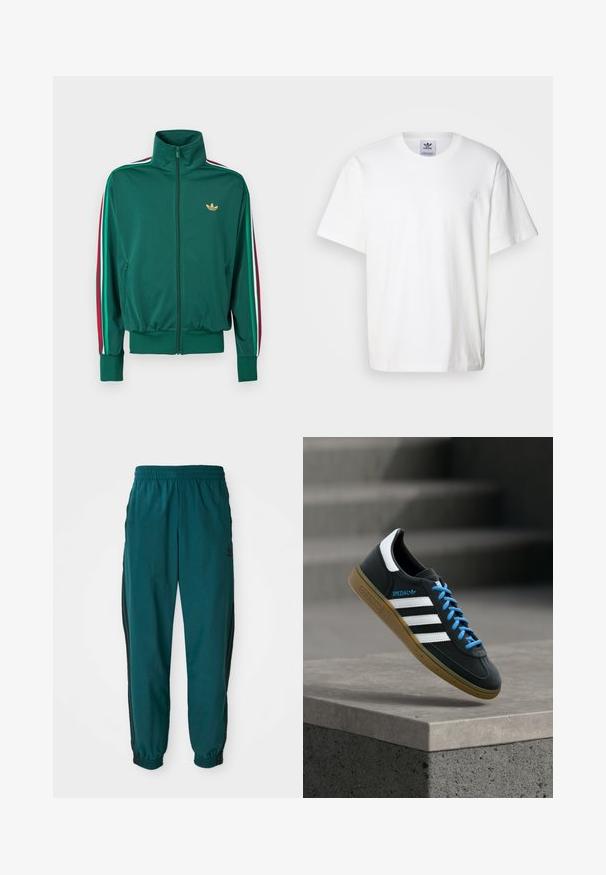 Chaqueta verde con cremallera, cuello alto, tejido texturizado, puños elásticos y franjas verticales en rojo, blanco y verde en las mangas. Logo dorado en el pecho.; Camiseta de algodón blanca con cuello redondo y mangas cortas. Presenta un pequeño logotipo bordado en el pecho. Diseño simple y clásico.; Pantalones deportivos en color verde azulado con cintura ajustable por cordón, puños elásticos y rayas negras en los lados. Fabricados con un tejido ligero, presentan un logo cerca de la cadera.; Zapatilla negra Adidas con franjas blancas, cordones azules y suela de goma flotando sobre un escalón de hormigón gris con luz suave.
