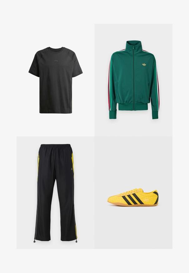 Zelená bunda na zips s vysokým golierom, textúrovaná látka, elastické manžety a zvislé pruhy v červenej, bielej a zelenej farbe na rukávoch. Zlato logo na hrudi.; Čierne bavlnené tričko s krátkymi raglánovými rukávmi, s jemne embosovaným logom na hrudi a hladkou textúrou po celom povrchu.; Čierne športové nohavice s žltými bočnými akcentmi, elastickým pásom a zipsovými bočnými vreckami. Vyrobené z ľahkej, hladkej tkaniny.; Žltá športová obuv s textúrovaným zvrškom, s čiernymi pruhmi a logom. Zaoblená špička, mäkká podrážka a vzor v tvare cik-cak na materiáli.