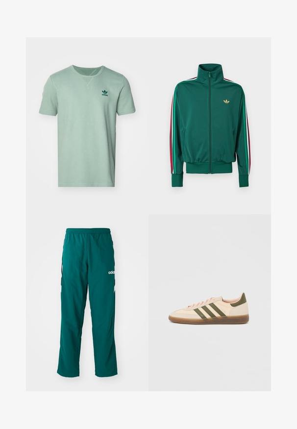 Zelená bunda na zips s vysokým golierom, textúrovaná látka, elastické manžety a zvislé pruhy v červenej, bielej a zelenej farbe na rukávoch. Zlato logo na hrudi.; Krátky rukáv, mätovo zelené tričko s textúrovaným vzorom, okrúhly výstrih a tmavozelené logo adidas na ľavej hrudi.; Zelené športové nohavice vyrobené z ľahkej tkaniny, s elastickým pásom, bočnými vreckami a bielym logom Adidas na ľavej strane.; Nízky béžový tenisky Adidas Spezial so zelenými pruhmi, gumovou podrážkou a nápisom „SPEZIAL“ na boku, zobrazené z vonkajšej strany.