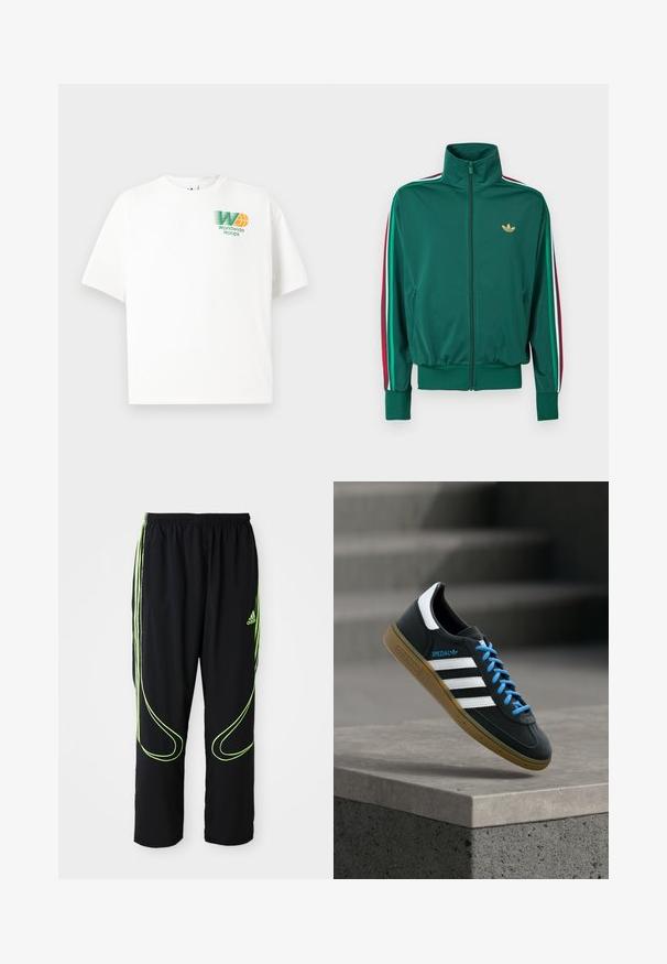 Zelená bunda na zips s vysokým golierom, textúrovaná látka, elastické manžety a zvislé pruhy v červenej, bielej a zelenej farbe na rukávoch. Zlato logo na hrudi.; Biela bavlnená tričko s voľným strihom. Na ľavej strane hrude sa nachádza grafický logo v zelenej a oranžovej farbe s nápisom "Worldwide Hoops."; Čierne atletické nohavice Adidas s neonovo zelenými zakrivenými líniami a tromi pruhmi po stranách, elastickým pásom a logom Adidas na prednom stehne.; Čierna teniska Adidas s bielymi pruhmi, modrými šnúrkami a gumovou podrážkou, ktorá sa vznáša nad sivým betónovým schodom v mäkkom svetle.