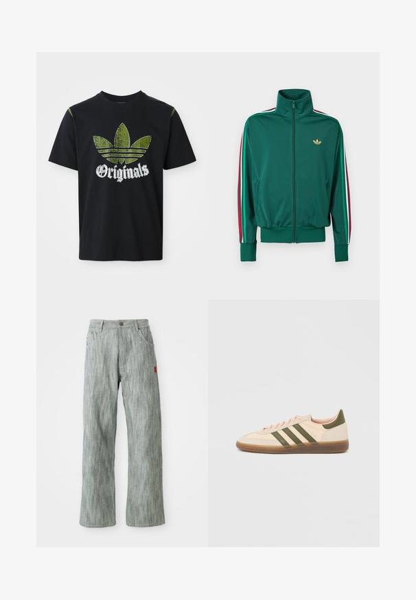 Zelená bunda na zips s vysokým golierom, textúrovaná látka, elastické manžety a zvislé pruhy v červenej, bielej a zelenej farbe na rukávoch. Zlato logo na hrudi.; Čierne bavlnené tričko s roztrhnutým zeleným grafickým dizajnom so tromi pruhmi a slovom "Originals" pod ním v bielej farbe, okrúhly výstrih, krátke rukávy.; Svetlosivé rovné džíny s prednými a zadnými vreckami, zapínaním na gombík a malou červenou textilnou nášivkou na pravej strane.; Nízky béžový tenisky Adidas Spezial so zelenými pruhmi, gumovou podrážkou a nápisom „SPEZIAL“ na boku, zobrazené z vonkajšej strany.