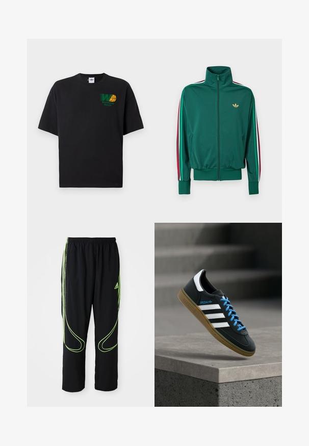Chaqueta verde con cremallera, cuello alto, tejido texturizado, puños elásticos y franjas verticales en rojo, blanco y verde en las mangas. Logo dorado en el pecho.; Camiseta de algodón negra con mangas cortas. Presenta un gráfico verde y amarillo de "Worldwide Hoops" en la parte frontal. Corte holgado, cuello redondeado.; Pantalones deportivos Adidas negros con líneas curvas en verde neón y tres franjas en los laterales, cinturilla elástica y logo de Adidas en el muslo delantero.; Zapatilla negra Adidas con franjas blancas, cordones azules y suela de goma flotando sobre un escalón de hormigón gris con luz suave.