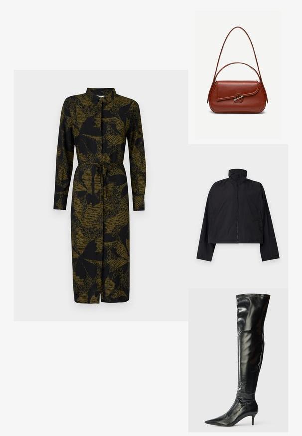 Mustassa lyhyessä takissa on korkea kaulus, kokopitkä vetoketju ja pitkät hihat, joissa on sivutaskut. Valmistettu kevyestä, sileästä kankaasta.; JDY JDYLIZA SHIRT DRESS - Paitamekko - winter moss; Polvim korkealle ulottuvat mustat nahkasaappaat, joissa on kiiltävä pinta, teräväkärkiset ja kapeat stiletto-korkokengät. Ominaisuuksiin kuuluu tiukasti istuva yläosa, jossa on ompeluysityksiä.; Ruskea nahkainen olkalaukku, jossa on pyöristetyn suora suorakulmainen muoto, epäsymmetrinen läppä, hopeanvärinen pyöreä solki ja kaksi ohutta hihnaa.