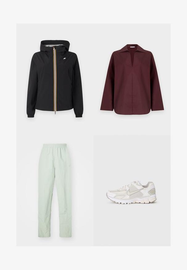 Chaqueta negra con capucha y cremallera frontal de largo completo que presenta franjas amarillas, blancas y naranjas, puños elásticos y pequeño logo blanco en el pecho.; Camisa de manga larga color burdeos con un escote en V profundo, con un corte recto y cuello estructurado. Hecha de una tela suave y ligera.; Pantalones ligeros de color verde claro, con una cinturilla elástica. Diseño de pierna recta, con textura mínima y un sutil detalle de logo.; Zapato deportivo blanco con materiales de malla y sintéticos. Presenta un diseño texturizado, cuello acolchado y acentos geométricos en el talón.
