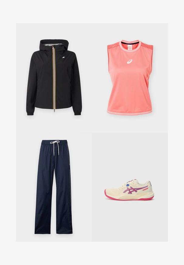Sort hættetrøje med fuldlængde lynlås foran med gule, hvide og orange striber, elastiske manchetter og lille hvidt logo på brystet.; Ærmeløs atletisk tanktop i koralpink med hvide kanter på krave og kant, med hvidt Asics-logo centreret på brystet.; Navyblå løstsiddende bukser med elastisk talje og hvid snøre, med diskrete hvide sidelister.; Cremefarvet sportsko med en lyserød sål, blå og lilla accenter, perforeret overdel og design med rund tå.