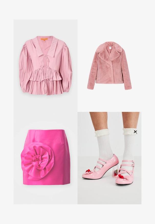 Roosa kunstkarvane jakk, millel on krae, pikad varrukad ja veidi lühendatud disain. Pehme tekstuur, ilma nähtavate tarvikute või mustriteta.; Stine Goya PLEATED BALLOON SLEEVE TIE - Pluus - pink nectar; Roosa satiinseelik, millel on istuv disain ja suur, krobelise tekstuuriga lille aksent vasakul küljel. Sile pind, millel on läikiv viimistlus.; Roosa lakknahk kingad ümmarguse varbaga, kolme rihmaga ja kirsikaunistustega. Selge ploki kontsad lilledega kaunistatud. Valged ribakujulised sokid.