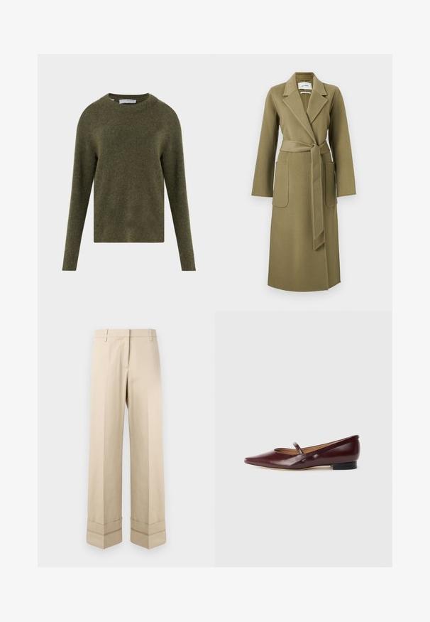 Abrigo de lana verde oliva con cuello pico, mangas largas y cintura ceñida, con dos bolsillos delanteros tipo parche.; Jersey de lana de manga larga en verde oliva con cuello redondo y tejido suave texturizado, etiquetado "Selected Femme" en el interior del cuello.; Pantalones beige de corte recto, con un doble puño en el dobladillo y un diseño de frente plano. Fabricados en una tela suave y duradera.; Zapato plano de charol burdeos con punta afilada y una cinta decorativa a lo largo del empeine. Cuenta con un tacón bajo negro.