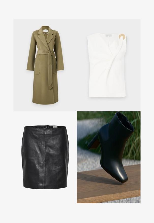Olivengrøn uldomslagjakke med klippet krave, lange ærmer og belted talje, der har to frontlomme.; Ærmeløs hvid bluse med en indpakningsdesign, der har en guldfarvet dekorativ ringdetalje på den højre skulder.; Sort læderskirt med en glat overflade, høj talje og lukning med knap foran. Har en slank, minimalistisk silhuet. Ingen mønstre eller accenter.; Sort læder ankelstøvle med blokhæl placeret på en træbænk udendørs med græs og hvide sten i baggrunden.