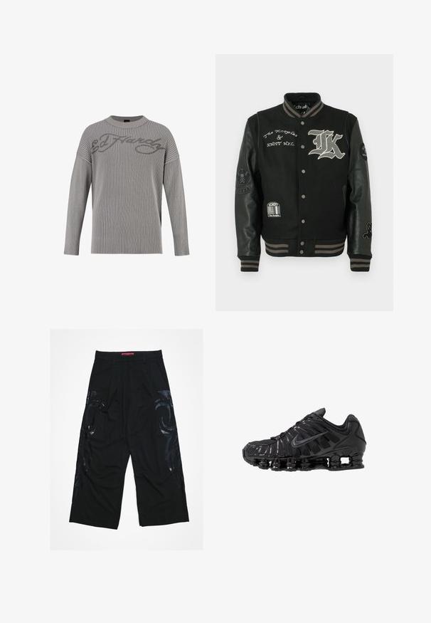 Chaqueta varsity negra con un cuerpo de lana y mangas de cuero. Logos y acentos bordados, botones a presión y ribetes a rayas en los puños.; Suéter de punto acanalado gris con escote redondo, hombros caídos y una superficie texturizada. Presenta el logo "Ed Hardy" en un gris más oscuro en la parte delantera.; Pantalones negros de pierna ancha con un frente plisado, que presentan patrones tribales negros brillantes en los costados y una cintura roja con marca.; Zapatillas deportivas negras fabricadas con malla y materiales sintéticos, con un diseño ondulado distintivo, suela de goma negra y detalles reflectantes.