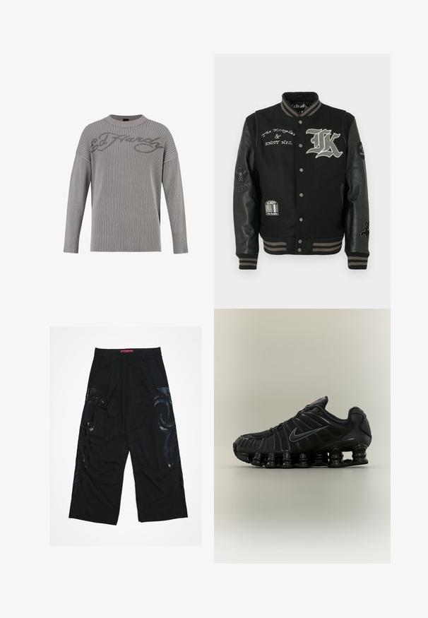 Chaqueta varsity negra con un cuerpo de lana y mangas de cuero. Logos y acentos bordados, botones a presión y ribetes a rayas en los puños.; Suéter de punto acanalado gris con escote redondo, hombros caídos y una superficie texturizada. Presenta el logo "Ed Hardy" en un gris más oscuro en la parte delantera.; Pantalones negros de pierna ancha con un frente plisado, que presentan patrones tribales negros brillantes en los costados y una cintura roja con marca.; Zapatilla de correr negra Nike con suela segmentada similar a un muelle, parte superior de malla y logotipo swoosh negro a juego en el lateral.