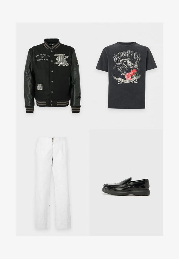 Chaqueta varsity negra con un cuerpo de lana y mangas de cuero. Logos y acentos bordados, botones a presión y ribetes a rayas en los puños.; Camiseta negra con una pantera rugiente, flores rojas y texto estilizado "KOOPLES" arriba y "WILD TOUR" debajo del gráfico.; Pantalones blancos de pierna ancha con una superficie texturizada. Cuentan con una cintura de altura media y un cierre frontal con cremallera de metal.; Mocasín de cuero negro con un acabado brillante, punta redondeada, detalles de costura sutiles y una suela de goma gruesa para mayor durabilidad.
