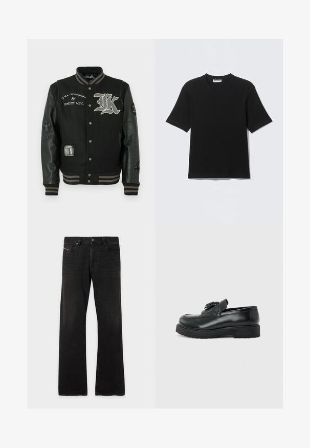 Chaqueta varsity negra con un cuerpo de lana y mangas de cuero. Logos y acentos bordados, botones a presión y ribetes a rayas en los puños.; Camiseta negra de manga corta con cuello redondo y etiqueta "WEEKDAY" en el interior del cuello, mostrada plana sobre un fondo claro.; Pantalones vaqueros de mezclilla negra de pierna recta con cinco bolsillos y cierre de botón, que muestran un ligero desvanecimiento en los muslos y las rodillas.; Mocasín de cuero negro con borlas, suela de caucho gruesa y tacón bajo, mostrado de perfil sobre un fondo liso.