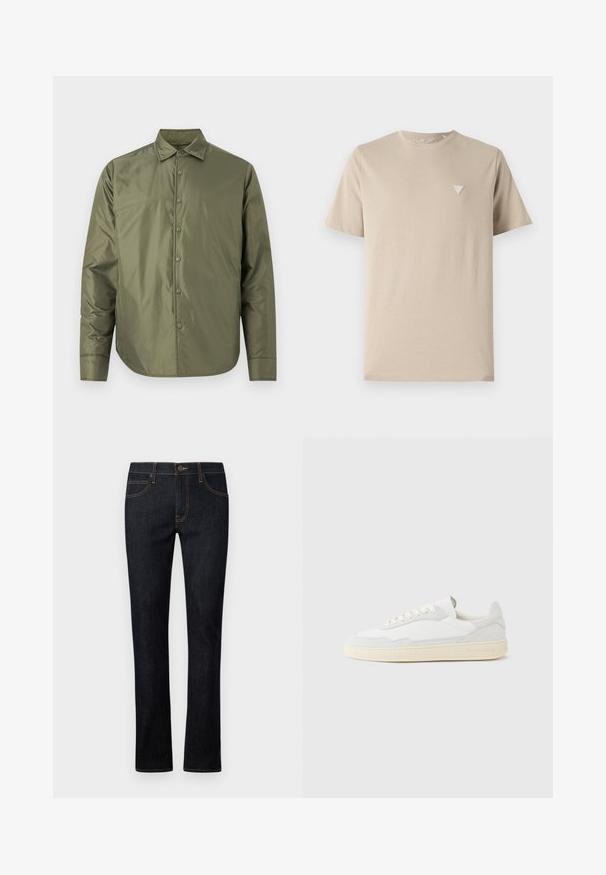 Chaqueta verde oliva de manga larga con cuello puntiagudo y cierre frontal de botones, confeccionada con una tela lisa y brillante.; Camiseta de algodón beige de manga corta, con escote redondo y un pequeño logotipo triangular bordado en el lado izquierdo del pecho. Textura suave.; Vaqueros de mezclilla azul oscuro con corte recto, que cuentan con costuras naranjas, diseño de cinco bolsillos y cierre frontal de botón.; Zapatilla blanca con parte superior texturizada de ante y cuero. Presenta una puntera redondeada, cierre con cordones y suela de goma beige contrastante.