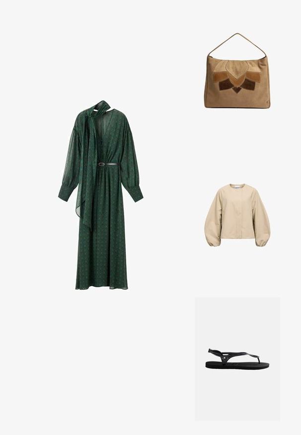 Chaqueta beige de manga larga con mangas abullonadas de gran tamaño, escote redondo y cierre frontal con botones, con etiqueta "OBJECT" en el interior del cuello.; Largo vestido verde con un estampado floral, que presenta un lazo en el cuello, mangas voluminosas y un cinturón que acentúa la cintura. Hecho de tela ligera.; Sandalia tipo chancla de goma negra con suela texturizada y tiras delgadas que forman una presilla para el dedo y un lazo de soporte para el tobillo sobre un fondo blanco.; Bolso de ante color canela con una única correa para el hombro, que presenta un diseño de patchwork geométrico simétrico en diferentes tonos de marrón en la parte delantera.