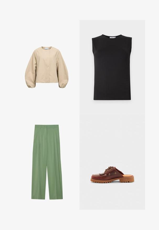 Veste beige à manches longues avec manches ballon surdimensionnées, col rond et fermeture à boutons sur le devant, étiquetée "OBJECT" à l'intérieur du col.; Haut sans manches noir en tissu lisse et extensible. Présente un col rond et une silhouette ajustée. Pas de motifs ni d'accents visibles.; Pantalons larges verts fabriqués en tissu lisse. Présentent des plis à l'avant, une fermeture à bouton unique et des passants de ceinture.; Chaussure en cuir marron à enfiler au style mocassin, avec des lacets décoratifs, des œillets dorés et une semelle en caoutchouc texturé.