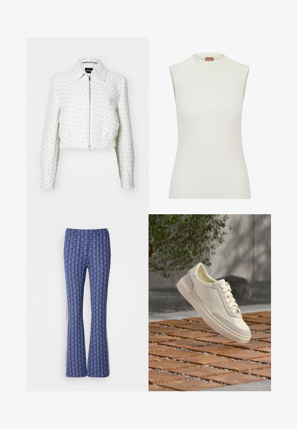 Korte witte jas met een textuurpatroon en een rits aan de voorkant. Beschikt over een kraag en een elastische zoom, wat zorgt voor een getailleerde silhout van het kledingstuk.; Witte, mouwloze top met een hoge halslijn, met een geribbeld textuur en een getailleerd ontwerp. Merkenlabel "BOSS" zichtbaar op de kraag.; Blauwe, gepatineerde broek met een geometrisch ontwerp, elastische tailleband en witte strepen aan de zijkanten. Glad oppervlak overal.; Witte BOSS sneaker met veters die zweeft boven een houten en kiezelachtige ondergrond met patroon, groene struik en grijze muur op de achtergrond.