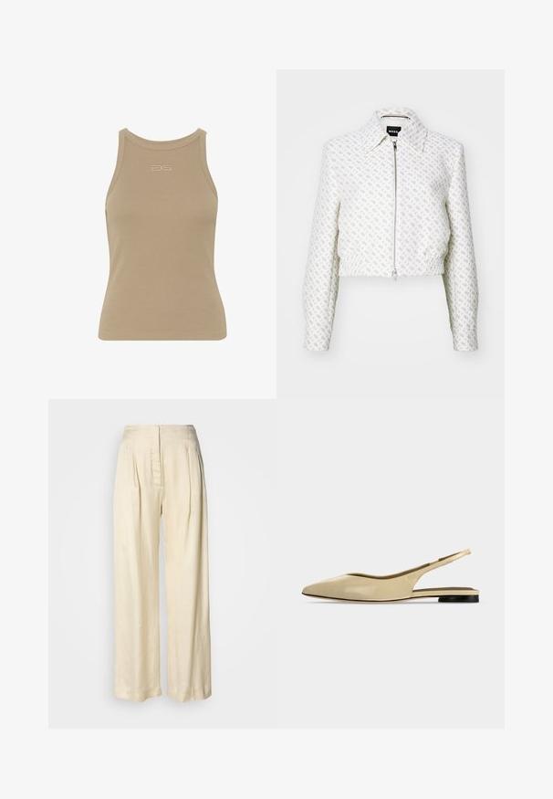 Gekürzte weiße Jacke mit strukturiertem Muster und einem Frontreißverschluss. Verfügt über einen Kragen und einen elastischen Saum, der eine taillierte Silhouette schafft.; Beige gerippter Tanktop mit rundem Ausschnitt, ärmellosem Design und kleinem geprägtem Logo in der Mitte der Vorderseite. Weiche Stoffstruktur.; Hohe Taille, cremefarbene Seidenhose mit Falten, weitem Bein und einem versteckten Reißverschluss vorne vor schlichtem weißem Hintergrund.; Beiger Slingback-Ballerina mit spitzer Kappe, niedrigem schwarzem Absatz und glattem Lederfinish, seitlich auf einfarbigem Hintergrund gezeigt.