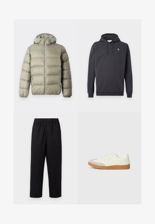 Tommy Jeans HOODED LOGO PUFFER - Zimná bunda - utility sage; Tmavo šedý mikina s kapucňou, predné vrecko a malé biele a modré logo vtáka na ľavej hrudi.; Čierne nohavice s širokými nohavicami, elastickým pásom a jedným gombíkom. Vyrobené z hladkej, ľahkej látky. Rovný lem.; Tenisky vyrobené z bielej kože s béžovou špičkou a svetlohnedou gumovou podrážkou. Majú ploché biele šnúrky a embosované logo na boku.