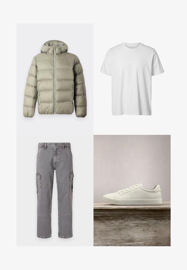 Tommy Jeans HOODED LOGO PUFFER - Winterjas - utility sage; Eenvoudig wit T-shirt met korte mouwen en ronde hals, losse pasvorm en zonder zichtbare logo's of ontwerpen aan de voorkant.; Grijze cargobroek van denimstof met meerdere zakken, een rechte pijp en zichtbare stiklijnen.; Witte vetersneaker die boven een houten bank zweeft met groene bladeren op de achtergrond, waarbij het ontwerp en de textuur van de schoen worden getoond.