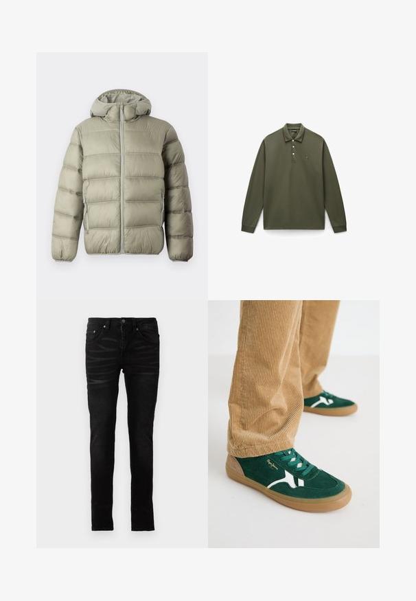 Tommy Jeans HOODED LOGO PUFFER - Talvejope - utility sage; Oliiviroheline pikkade varrukatega polo särk, mis on valmistatud puuvillast, sisaldab kolme nupuga sulgemist, soonikutega mansette ja väikest tikandiga logo rinnal.; Mustad mustad teksad, millel on sujuv denimitekstuur, traditsiooniline viie taskuga disain, lukuga kinnitus ja peened fade'i detailid kangal.; Rohelised sametist spordijalatsid valgete aktsentidega ja roheliste paeltega. Kummikreen, ümar varvas ja pruunid detailid kanna peal. Kombineeritud korduurist pükstega.