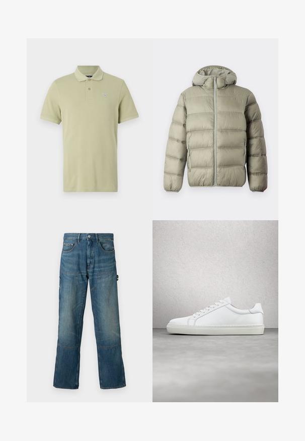 Tommy Jeans HOODED LOGO PUFFER - Talvejope - utility sage; Hele roheline polo särk, mis on valmistatud puuvillast, sisaldab kolme nupuga kaelust, lühikesi varrukaid ja väikest tikandiga logo rinna peal.; Keskmise sinise tooniga teksapüksid, millel on lõdva istuvusega, esikotid ja kontrastne õmblemine. Kätkeb paneelide detaili jalgadel.; Valge tennisetoss, millel on sile nahk pealis ja madal profiil. Omab ümarat ninaosa, kuut silmust ja tekstuuriga kummist talda.