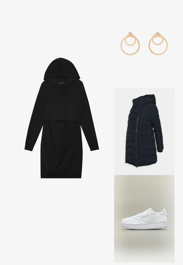 JoJo Maman Bébé COCOONING - Vinterfrakke - navy; Sort pullover kjole med hætte, lange ærmer og cropped design. Fremstillet af blødt stof med en glat tekstur og ribbede manchetter.; Hvid Reebok lav-tær sneakers med snørelukning, perforeret tå, mærket sidepanel og tyk sål på neutral baggrund.; Guldfarvede hoopsøreringe med to sammenkoblede cirkler og en struktureret overflade. Designet med en glat og sikker bagbeklædning.