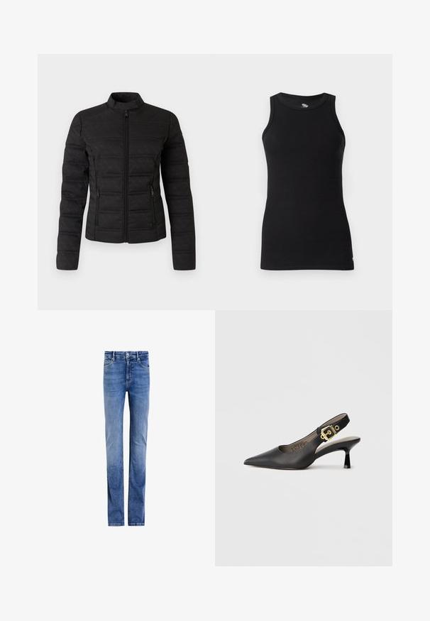 Veste matelassée noire avec un col haut, fermeture éclair sur le devant, deux poches latérales et un motif ton sur ton subtil. Présente une coupe ajustée et un tissu texturé.; Replay Débardeur - black; Jean en denim bleu clair avec une coupe droite, cinq poches, et une fermeture classique à boutons à l'avant. Lavage décoloré avec un léger effet de frottement.; Chaussure à talon haut noire à bride arrière, avec un bout pointu, une texture en cuir lisse et une accent de boucle dorée sur la bride.
