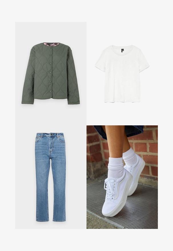 Veste matelassée olive avec col rond, manches longues, fermeture à boutons-pression et doublure en tartan rose visible au niveau du col.; T-shirt blanc à manches courtes avec un col rond, fabriqué en tissu léger. Design simple, texture lisse et ourlet droit.; Jean en denim bleu clair avec une coupe droite, cinq poches, fermeture à bouton à l'avant et décoloration subtile sur le tissu.; Baskets en toile blanches avec semelles en caoutchouc, dotées de six œillets, d'un bout rond et de détails de couture légers, portées avec des chaussettes blanches mi-mollet.