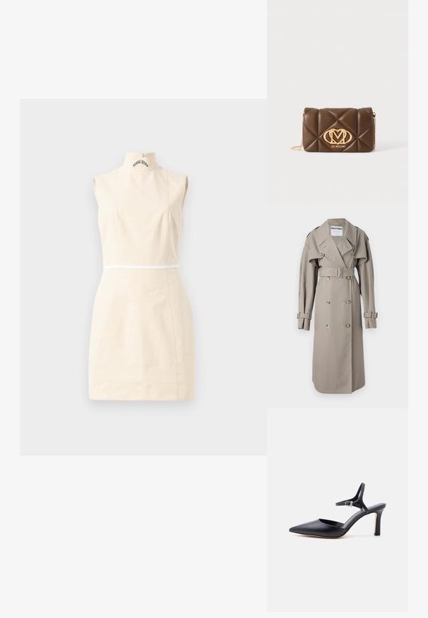 Kreemikaelne trench coat, mis on valmistatud kerge kangaga, topelt nööpide ees, laia kraega, vööga ja lipsukujuliste varrukateotste ning kuldse tooni nööpidega.; Varrukateta beež mini Kleid kõrge kaelusega, peenete õmblustega, valge vööpaneeliga ja kaelusel sõna "MOSCHINO".; Mustad terava ninaga kõrge kontsaga king õhukese pahkluu rihmaga ja hõbedase pandlaga, sile nahkpinnaga, elegantne naiste king.; Pruun tikitud nahast õlakott kuldse kettrihmaga ja kuldse Love Moschino logoga esiküljel keskel.