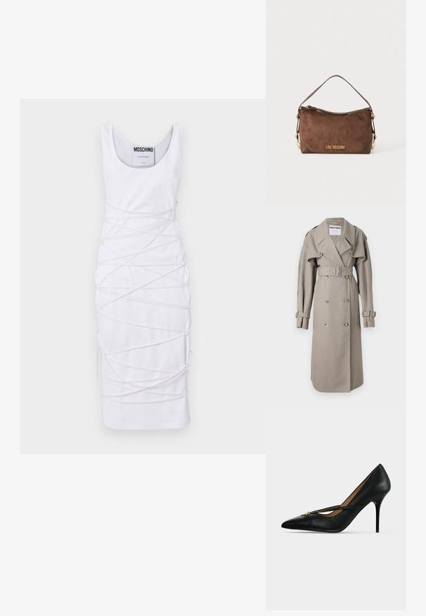 Beige trenchcoat van lichtgewicht stof, met een dubbelzijdig geknoopt voorpand, brede kraag, ceintuur in de taille en met tabs afgewerkte manchetten. Goudkleurige knopen.; Witte mouwloze jurk met een ronde halslijn, kenmerkend door een uniek ontwerp van gedraaide stofaccenten en zijopeningen voor extra detail.; Zwarte leren pumps met hoge hak en een spits toelopende neus, met een smalle band bovenop die vastzit met een kleine gouden gesp op een effen achtergrond.; Bruine suède schoudertas met gouden Love Moschino-logo en ritssluiting bovenop tegen een effen lichte achtergrond.